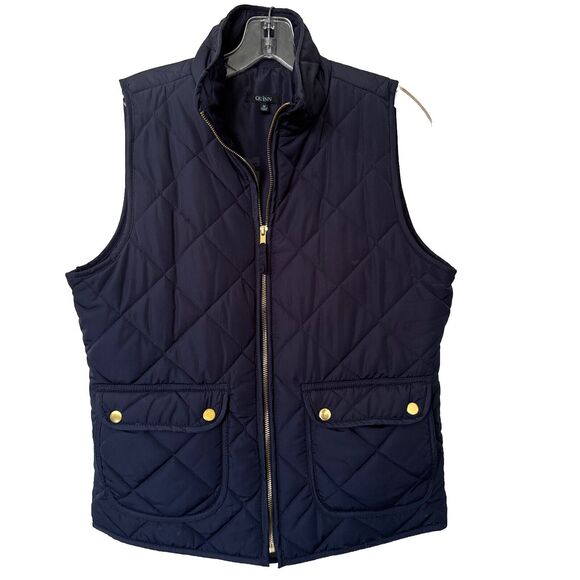 Navy Quilted Vest Quinn Womens Sz M Navy Blue Gold Zip Up Lined Pockets Preppy - Picture 1 of 8